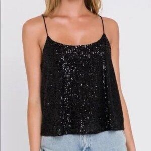 ANTHROPOLOGIE Endless Rose‎ Sequin Cami Spaghetti Strap Black Party NYE Medium